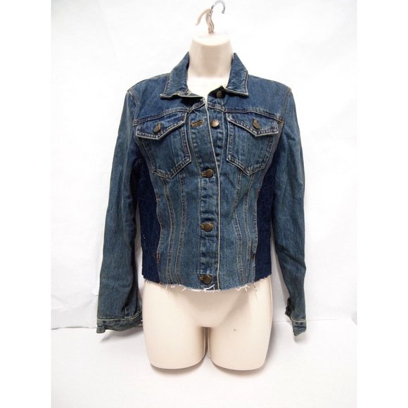 Free People Womens Jacket S Denim Jean Trucker Lace Inset Button Raw Hem - Picture 6 of 12
